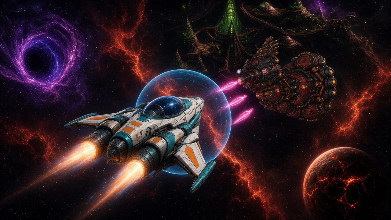 A white and teal fighter with a blue shield fires on a red hive craft beside a purple rift