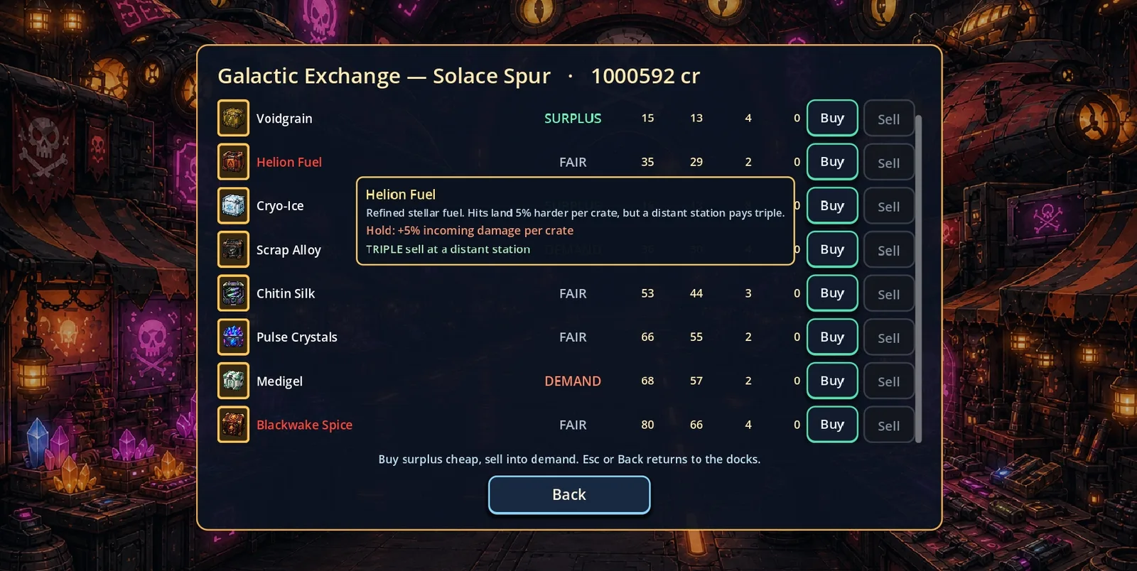 Galactic Exchange trade screen listing Voidgrain, Helion Fuel, Cryo-Ice, and other cargo