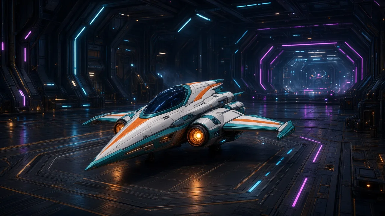 A white, teal, and orange fighter parked in a dark hangar lined with cyan and magenta lights