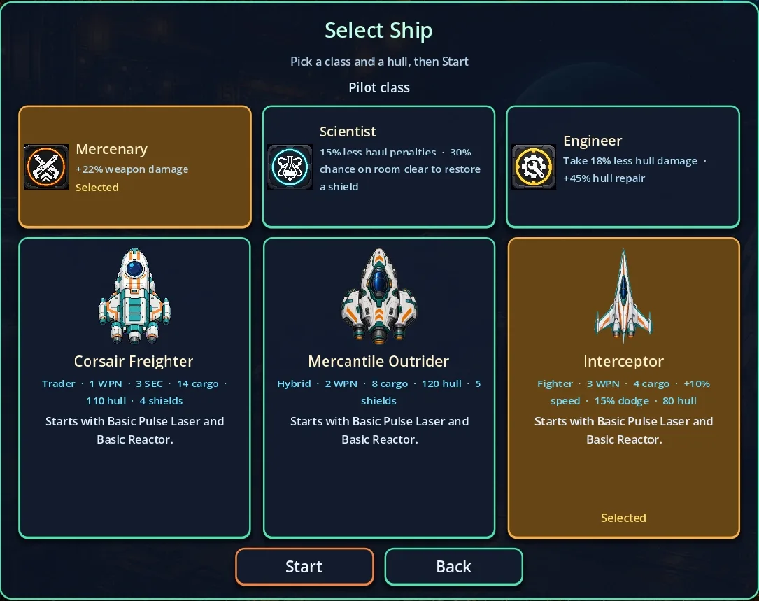 Ship selection screen showing Corsair Freighter, Mercantile Outrider, and Interceptor