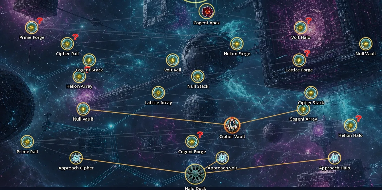 A star chart of connected stations, including Cipher Vault and Halo Dock, over a nebula