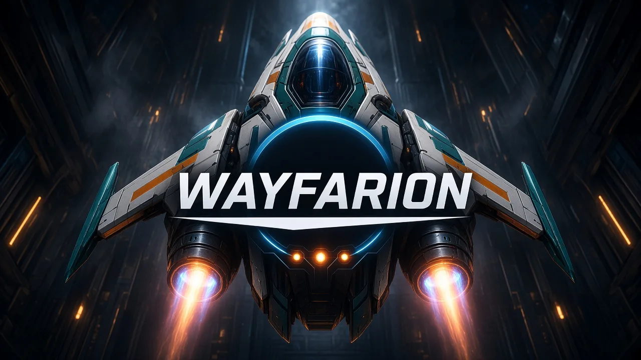 Wayfarion key art: a fighter viewed head-on, engines lit, title across the nose